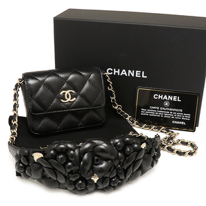 美品 シャネル マトラッセ カメリア ミニ チェーン ウエストバッグ ラムスキン ブラック CHANEL