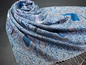 セレクト出品◆LR-P228 最高級 カシミア 大判 ストール/マフラー【コバルトブルー系/Paisley】 極上 パシュミナ/カシミア