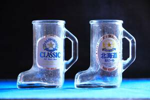サッポロビール 長靴型ビールゼリー瓶容器 ジョッキ型 札幌製菓 サッポロクラシック 北海道生ビール ガラス製 土産物 ２個セット【中古】