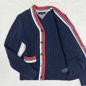 トミーヒルフィガー【大人のお洒落】TOMMY HILFIGER ローゲージ 3Dケーブルニット セーター カーディガン コットン ネイビー 紺 Lサイズ