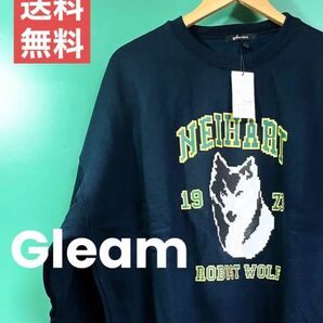 【Gleam】ウルフデザイン 裏起毛スェット ゆったりシルエット ネイビー