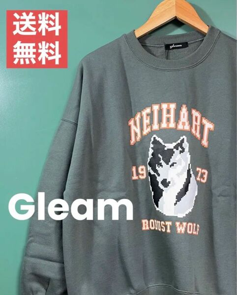 【Gleam】ウルフデザイン 裏起毛スェット ゆったりシルエット カーキ系 スウェット トレーナー