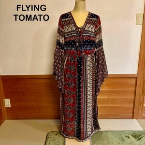 FLYING TOMATO ボタニカル　ロングワンピース　美品 総柄 マルチカラー　袖フリル