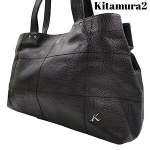 【人気】kitamura キタムラ2 ハンドバッグ トートバッグ ステッチ ロゴ金具 レザー シボ革 ブラック 黒色 肩掛け 金具ロゴ K 通勤 通学