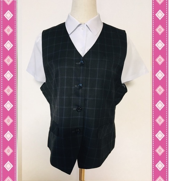 ※Cランク※【中古】en joie_9号ベスト（青チェック：83）11040/アンジョア/かわいいOL制服/おしゃれ事務服/オールシーズン