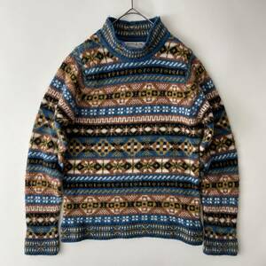 【スコットランド製】INVERALLAN size/36 (ic) インバーアラン フェアアイル柄 ウールニットセーター ハイネック モック 英国製 sweater