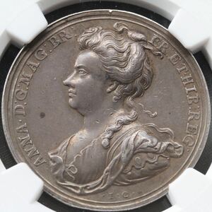 1707年【イングランド＆スコットランド 統合記念】アン女王　銀メダル　イギリス　NGC AU55　英国 アンティーク コイン 銀貨 シルバー