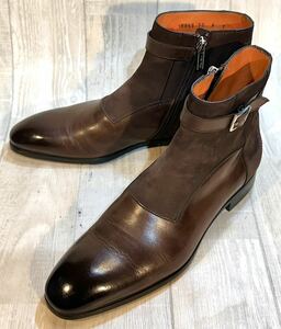 Santoni サントーニ◆25.5cm 7◆ITALY製◆サイドジップブーツ プレーントゥ 革靴 コンビレザー 本革 ビジネス ドレスシューズ メンズ 焦茶