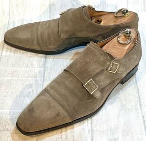 Santoni サントーニ◆26cm 7.5◆ITALY製◆ダブルモンクストラップ 革靴 スエードレザー ビジネスシューズ ドレスシューズ 靴 メンズ カーキ