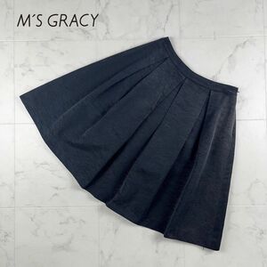 美品 M'S GRACY エムズグレイシー タックフレアスカート 膝丈 裏地あり レディース ボトムス 黒 ブラック サイズ38*KC232