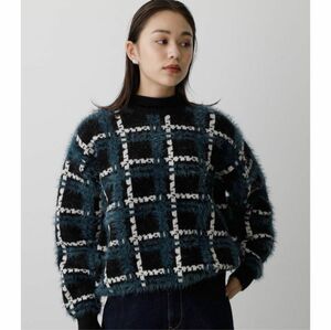 AZUL BY MOUSSY シャギーチェックニットトップス グリーン ブラック Mサイズ