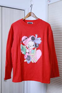 ★オールド 日本製GEMS Hollywood Mickey ミニープリント長袖Tシャツ　　古着ユーズド男性メンズML服中古赤レッドディズニーDisney