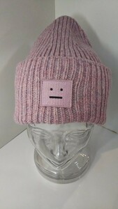 645送料200円 美品 Acne Studios アクネストゥディオズ 帽子 ニット帽子 ニットキャップ ピンク系 フェイス ロゴ 秋冬 メンズ レディース