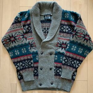 【eskimo KNITWEAR】エスキモー ニットウェア ショールカラー ニットカーディガン ダブル ENGLAND ノルディック柄 L 英国製 セーター 古着