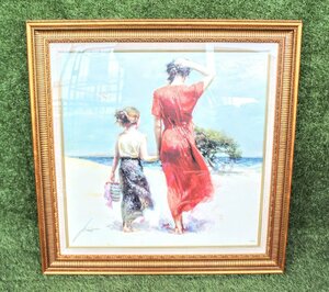 【名画】Pino Daeni 1939-2010 Beach Scenes シリーズ タイトル『Afternoon Stroll』ピノ・ダニエ　手彩色　直筆サイン　絵画　X6A2602-220