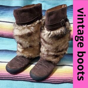 ★vintage boots★ヴィンテージ レザー ブーツ 革 ファー ブラウン ベージュ 