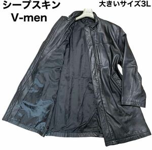 V-men ブイメン ロングコート レザーコート チェスターコート 本革 羊革 ラムレザー シープスキン 大きいサイズ3L 比翼 ブラック メンズ