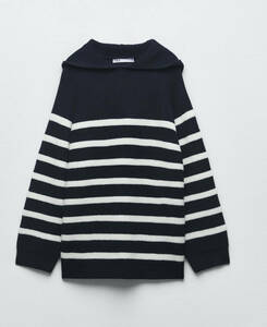 新品タグ付！■ZARA /ザラ■フード付きストライプパーカーニットセーター■ネイビー×白 / 11～13号