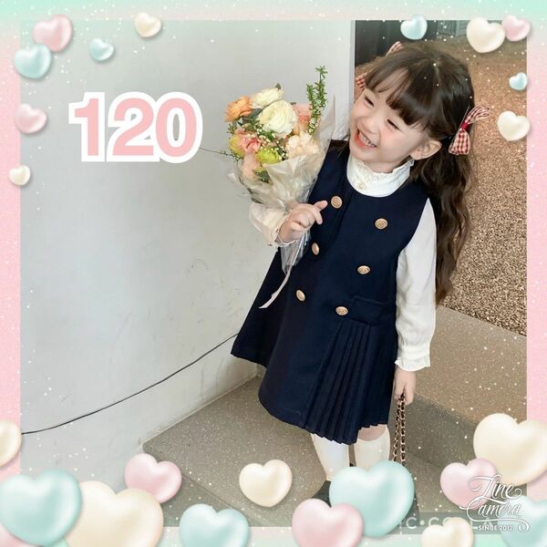 120 ワンピース 女の子 金ボタン プリーツ 濃紺 卒園式 入学式 発表会