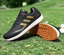 新品セール◆ゴルフシューズ Golf shoes メンズ スニーカー 運動靴スポーツシューズ 紳士 グラデーション幅広 防滑 撥水 耐磨 黒/金 28.0cm_画像2