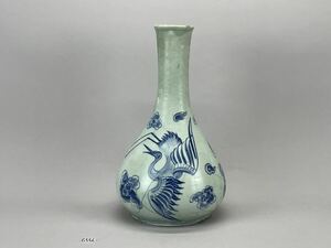 庄梅-G556-120 李朝　高麗　染付　鶴文　白磁　花瓶　古美術　高さ32cm