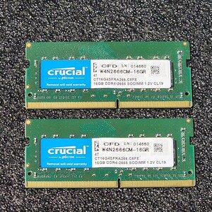 CRUCIAL DDR4-2666MHz 32GB (16GB×2枚キット) CT16G4SFRA266.C8FE 動作確認済み ノートパソコン用 PCメモリ 