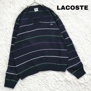 LACOSTE ニットセーター Vネック ロゴ刺繍 ボーダー 春秋 ae9① XL相当