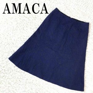 AMACA アマカ フレアスカート 花柄 ネイビー 紺色 ウール ポリエステル ナイロン キュプラ レーヨン 38 B3884