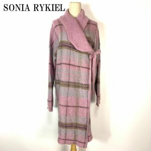 ソニアリキエル モヘアロングニットカーディガンガウンパープル系SONIA RYKIEL チェック 裏地無 両サイドポケット有 36 B3998