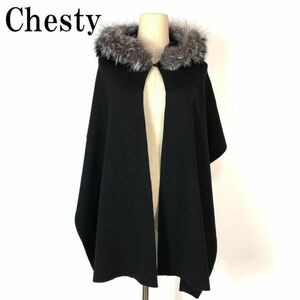 Chesty Chesty with a hood . poncho black stole fur acrylic fiber wool fox black F B4084