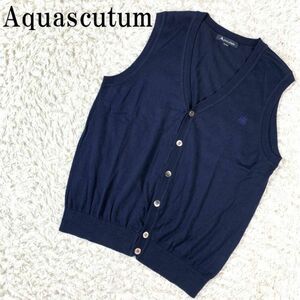 Aquascutum アクアスキュータム ニットベスト ネイビー ワンポイント刺 紺色 コットン シルク M B4265