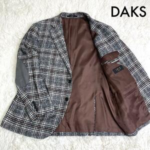 1023美品 ダックス DAKS お洒落 アルパカ 2B テーラードジャケット チェック柄 グレー系 エルボーパッド 見開き サイドベンツ M〜L相当