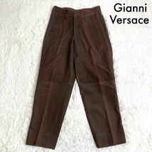 1145希少レア ヴィンテージ GIANNI VERSACE ジャンニヴェルサーチ イタリア製 肉厚 革 レザー パンツ 茶 ブラウン W80cm_画像1