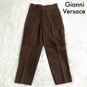 1145希少レア ヴィンテージ GIANNI VERSACE ジャンニヴェルサーチ イタリア製 肉厚 革 レザー パンツ 茶 ブラウン W80cm