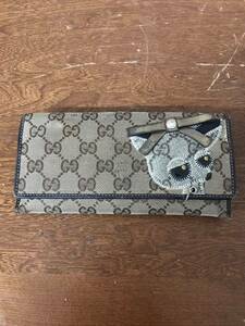 ★GUCCI グッチ グッチョリ レザー 財布 長財布 ベージュ ダークブラウン キャンバス チワワ