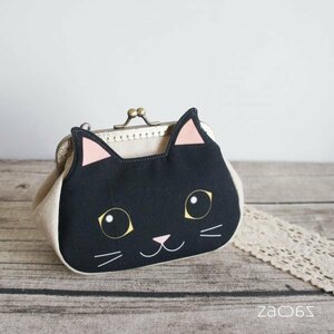 猫ポケットがま口ポーチ*黒猫*ハンドメイド*B品