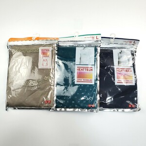 ＊e 【HEATTECH / Lサイズ 3枚セット】 UNIQLO レース UネックT 八分袖 ブラウン / クルーネックT 長袖 グリーン / UネックT 半袖 ネイビー