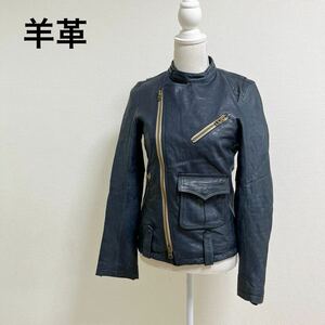  leather jacket rider's jacket leather jacket ram leather sheep leather double Zip good quality fastener navy lady's M about 