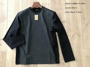 新品訳有り COMME CA MEN コムサメン 日本製 ジャガードコンビ 長袖Tシャツ 05ブラック Lサイズ 40TE03 定価16,500円