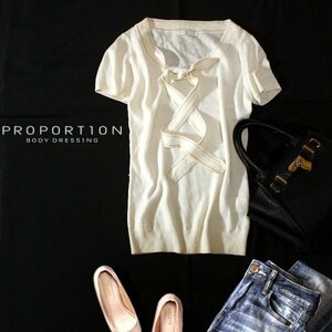 美品 PROPOTION BODY DRESSINGプロポーションボディドレッシング 100％ウール リボンボウタイ ニット プルオーバー 3号 L 春 秋 冬 23B12