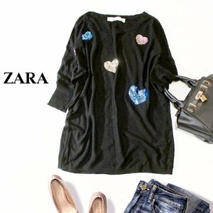 ☆☆ 美品 ZARA KNIT ザラニット ☆☆ ゆったり可愛い ハートスパンコール ニット チュニック M 春 秋 合服 23B12