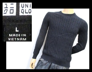 【087-168】UNIQLOユニクロ★黒ケーブル編みカシミヤ混セーター/Lサイズ