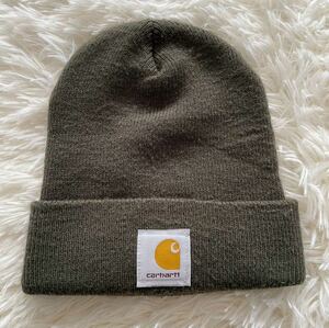 美品　carhartt　カーハート　人気　ボックスロゴ　ニット帽　ニットキャップ　カーキ　カナダ製　アメカジ　ストリート　ONE SIZE