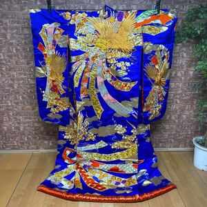 N 2689　中古品 [ 色打掛　刺繍 金鶴 ] 身丈180 裄64 結婚式 素材不明 青系 金箔 和装 婚礼 花嫁 ブライダル 前撮り 豪華絢爛