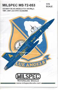 1/72 ミルスペック デカール ” ML 72-053 US NAVY BLUE ANGELS, F/A-18A/B/C/D "