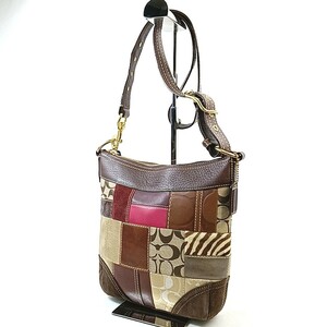  K ×【商品ランク:B】 コーチ COACH パッチワーク 総柄 ロゴ型押し 一部 レザー ショルダー / クロスボディ バッグ 斜め掛け 婦人鞄 茶系