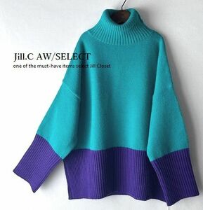 Jill.C［新品］伸縮◎上質感 ハイセンス MINT×PURPLE*サイドスリット入*ドロップショルダー*タートルネック*プルオーバー*ニット3711