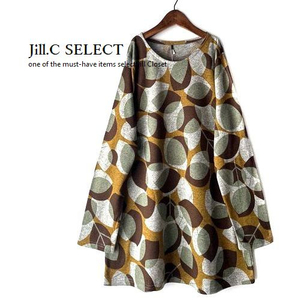 Jill.C［新品］ 送料185円 伸縮◎可愛らしい北欧風プリント*リーフ柄*スタイルカバー◎プルオーバー*チュニック3724.mustard