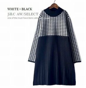 Jill.C［新品］ 送料185円 伸縮◎千鳥格子チェック柄*モックネック*異素材切替え*プルオーバー*チュニック*ワンピース3716.WHITE×BLACK