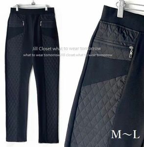 Jill.C［新品M～L］送料185円 伸縮◎上質感*美脚効果♪キルティング×スムース*ジッパーポケット付*ストレッチストレートパンツ3630.BK.